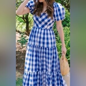 ANTONIO MELANI Blue &White Gingham Midi-tiered Dress, Square Neck,Puff Sleeves 4
